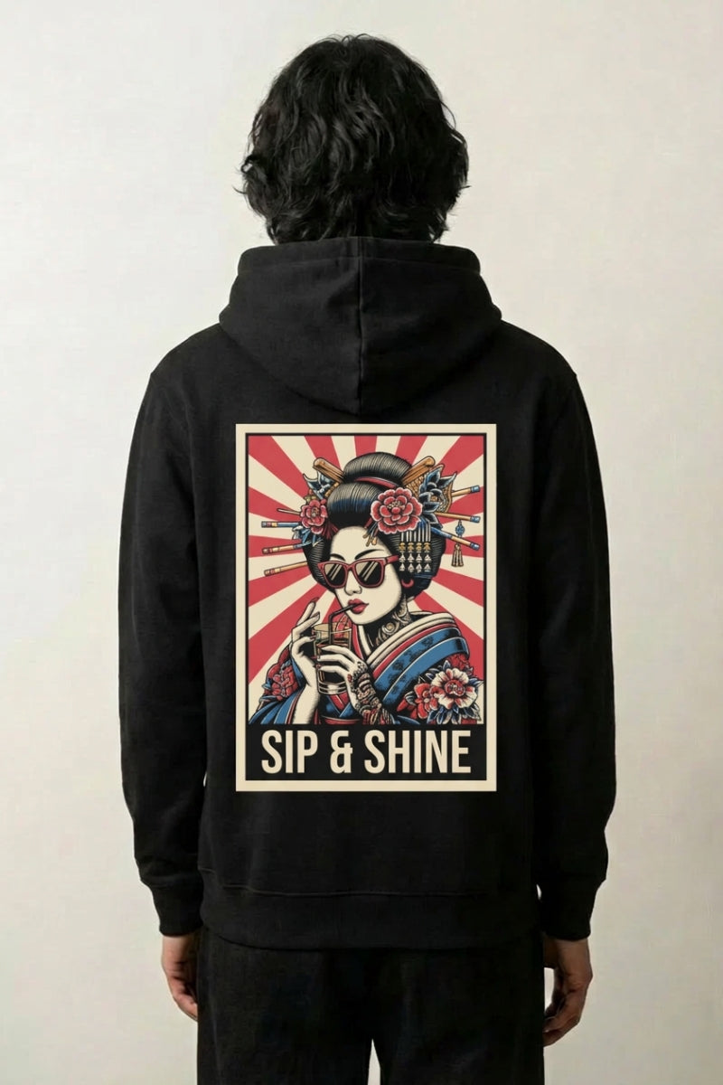Geisha Hoodie in black - oversized graphic hoodie, geisha portrait print, back view
