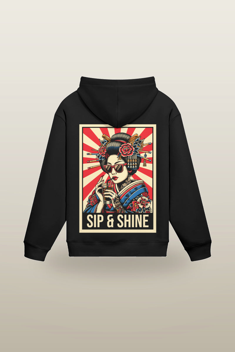 Geisha Hoodie in black - oversized graphic hoodie, geisha portrait print, back view