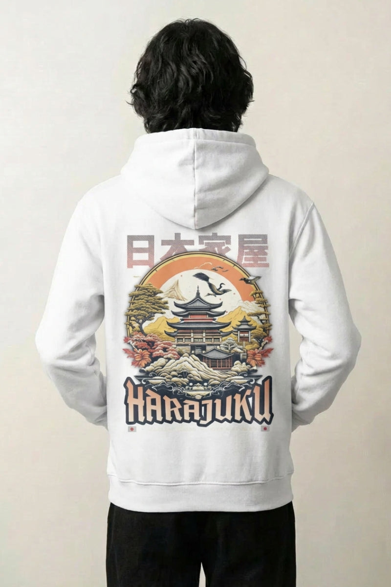 Harajuku Hoodie in off-white - oversized graphic hoodie, pagoda and cherry blossom print, back view