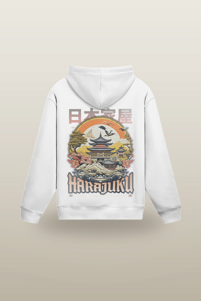 Harajuku Hoodie in beige - oversized graphic hoodie, pagoda and cherry blossom print, back view