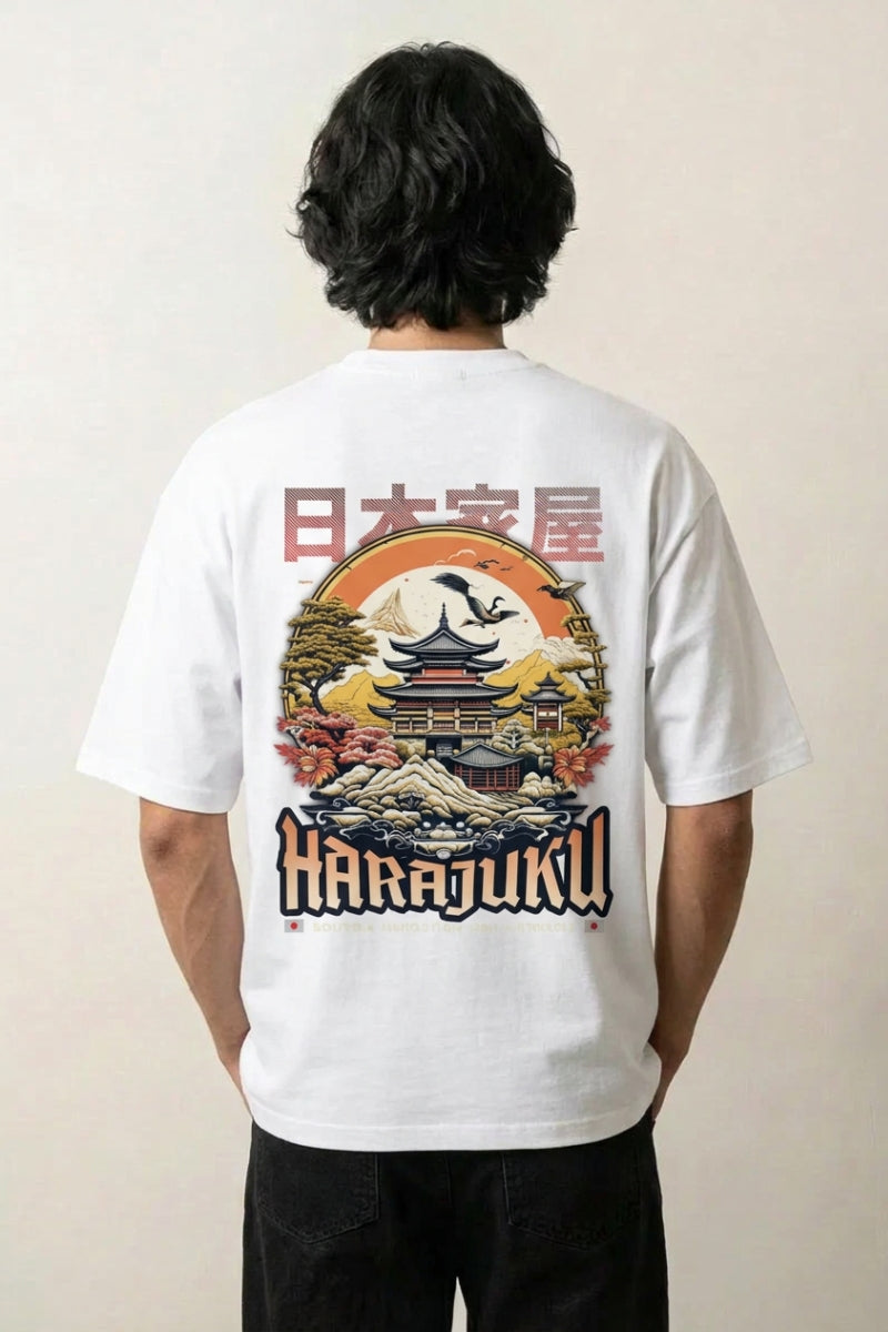 Harajuku Tee in off-white - oversized graphic tee, pagoda and cherry blossom print, back view