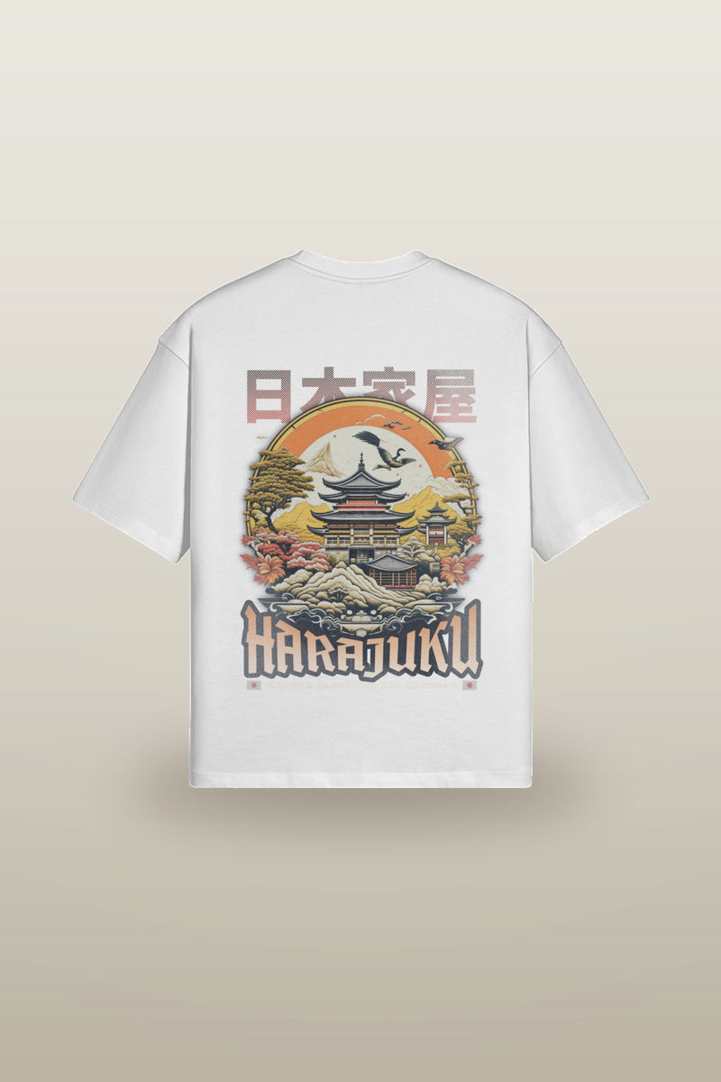Harajuku Tee in beige - oversized graphic tee, pagoda and cherry blossom print, front view