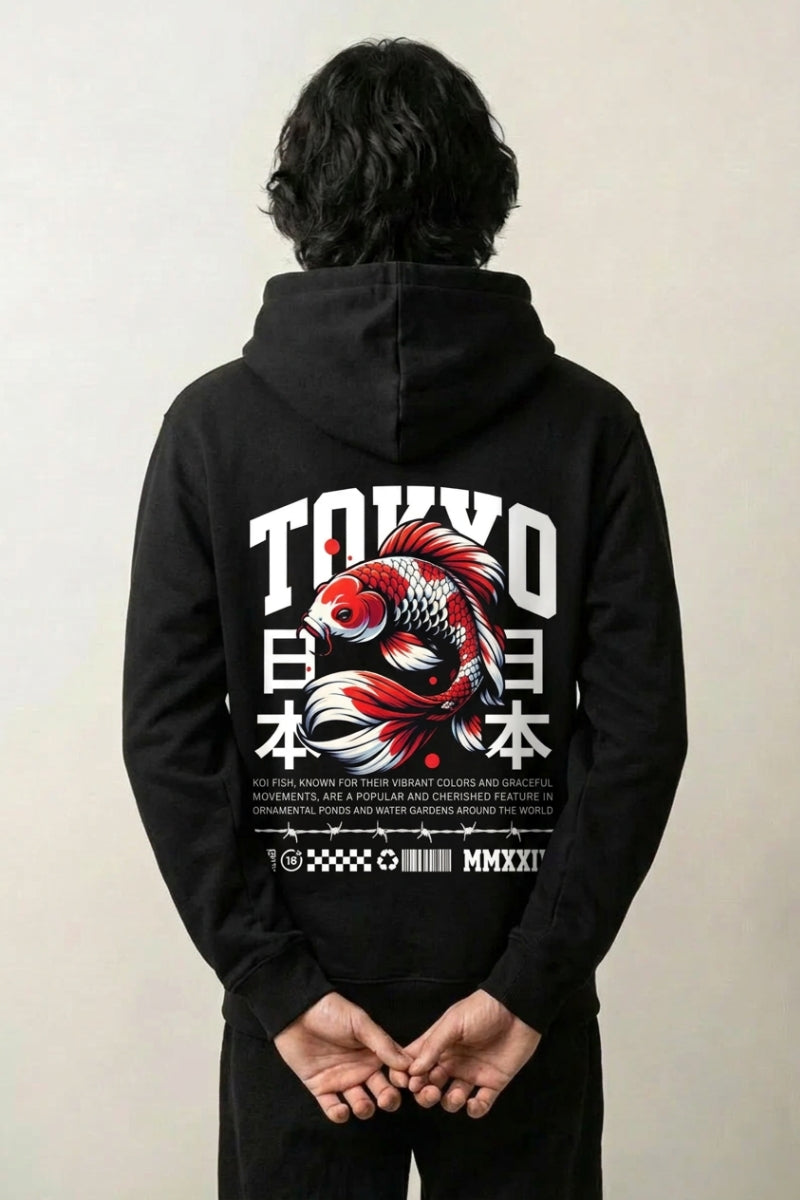 Koi Fish Hoodie in black - oversized graphic hoodie, koi fish and kanji print, back view