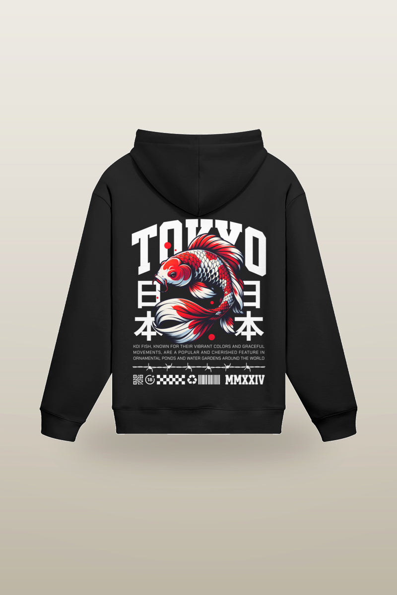 Koi Fish Hoodie in black - oversized graphic hoodie, koi fish and kanji print, back view