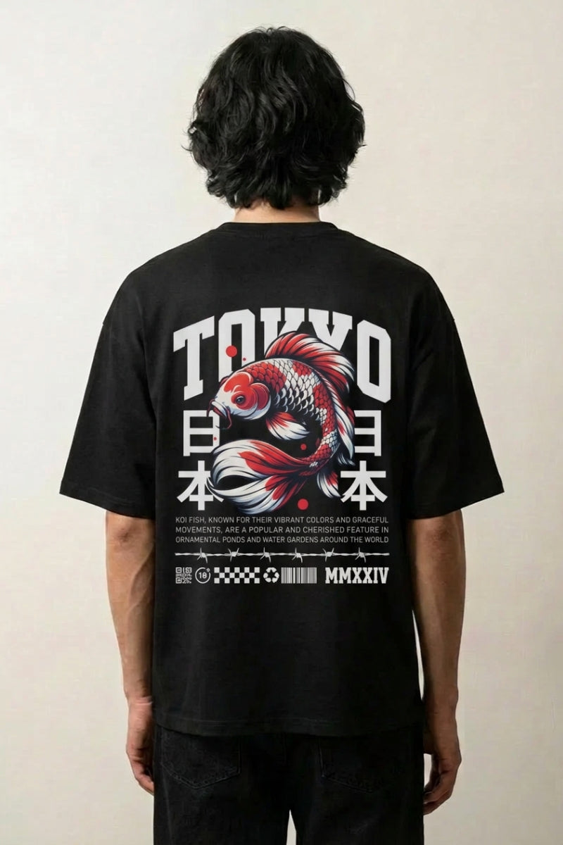 Koi Fish Tee in black - oversized graphic tee, koi fish and kanji print, back view